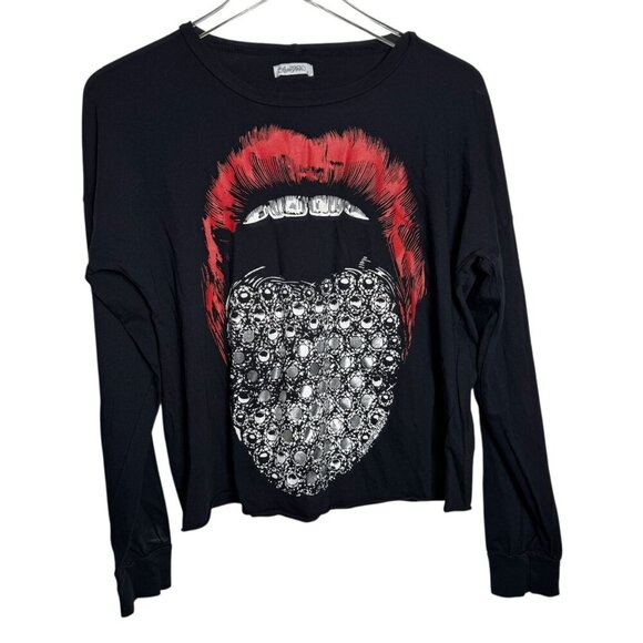 Lauren Moshi size small oversized cropped long sleeve black t-shirt top lips - Picture 1 of 7